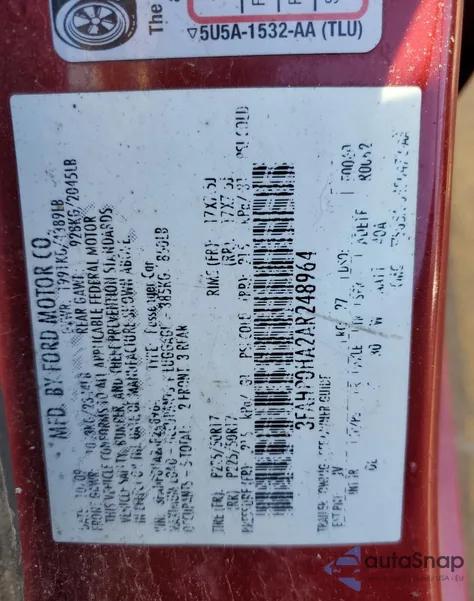 2010 Ford Fusion Se z USA, uszkodzony, nr VIN 3FAHP0HA2AR248964